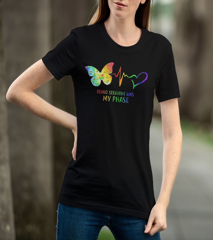 Being Straight Was My Phase Heartbeat Butterfly Rainbow T-Shirt