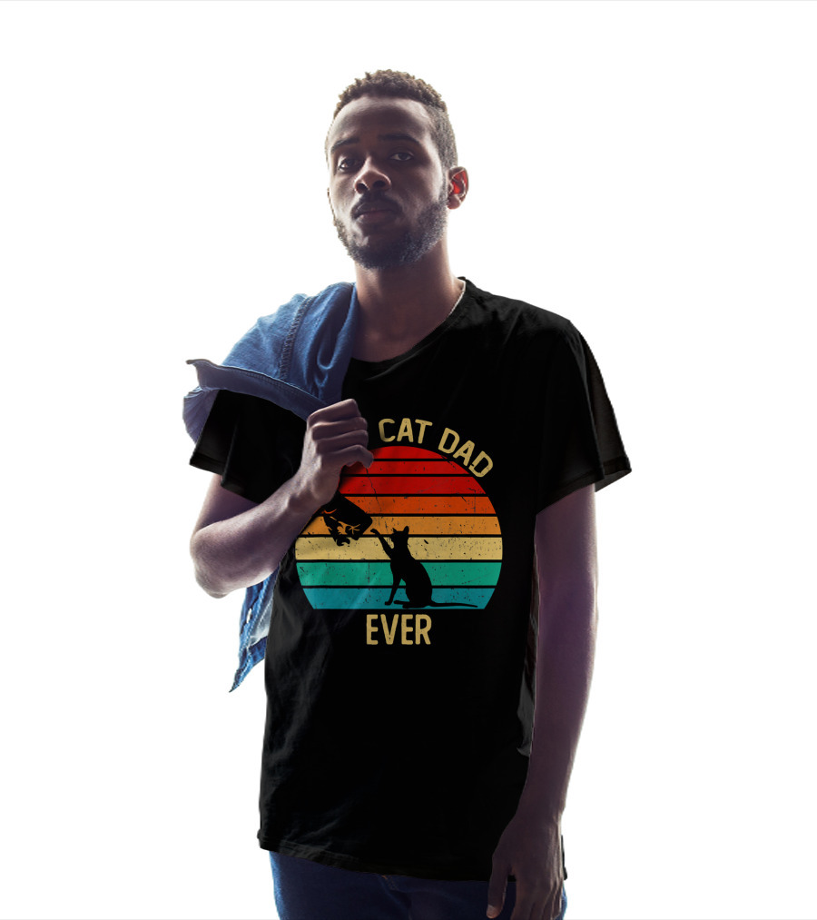Best Cat Dad Ever Retro Vintage Paw Fist Bump Silhouette Sunset T-Shirt