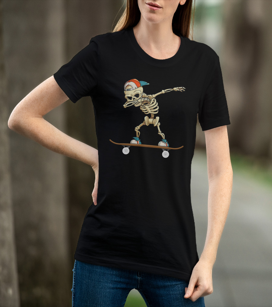 Dabbing Skeleton Skater Cool Skateboard Trick T-Shirt