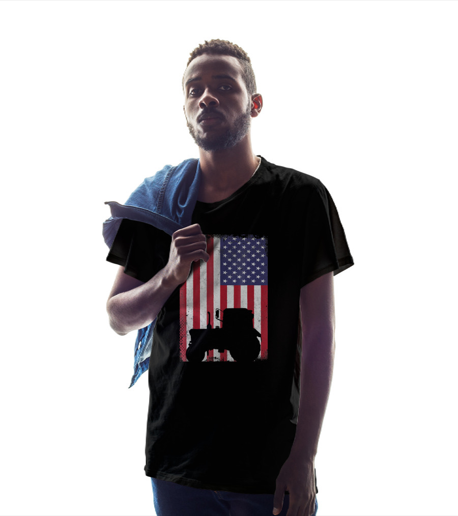 Patriotic American Flag With Vintage Tractor Farming T-Shirt