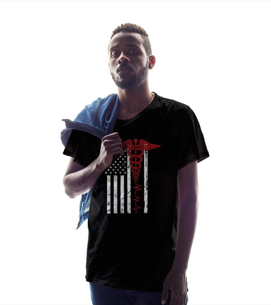 USA Flag Caduceus Medical Symbol Black Patriotic Nurse T-Shirt