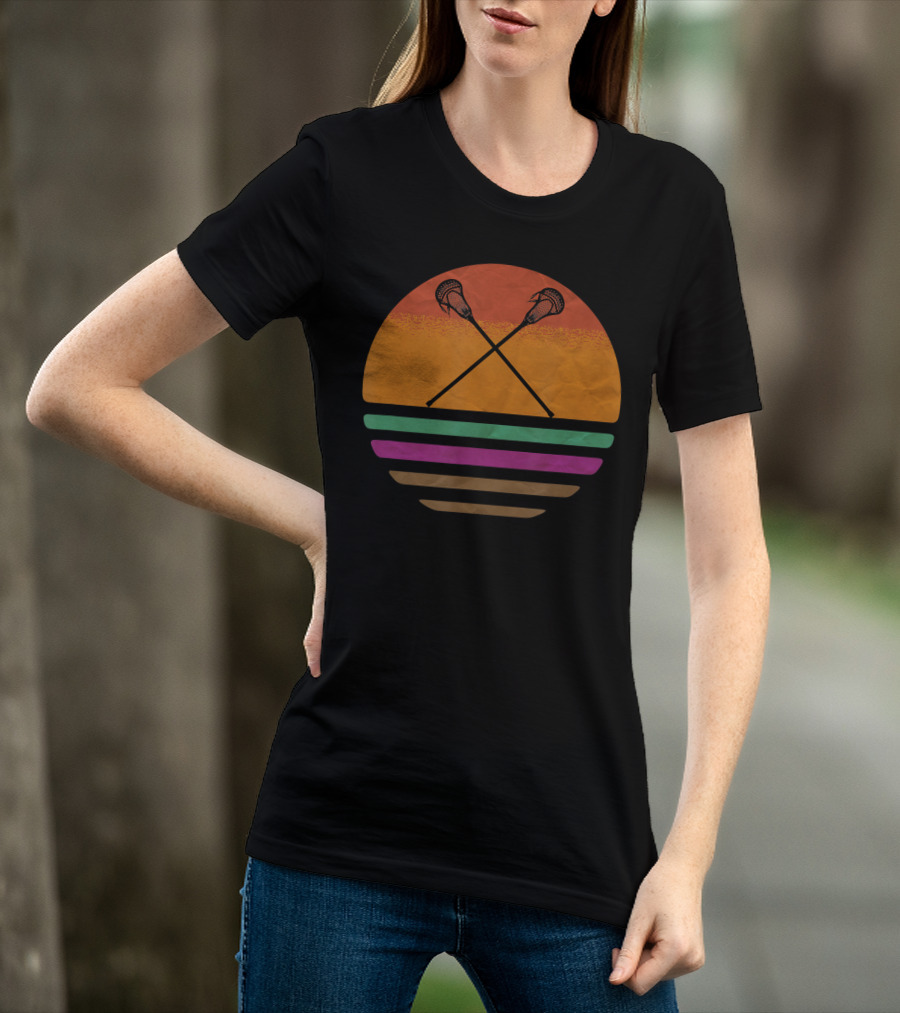 Vintage Retro Lacrosse Crossed Sticks Silhouette Sun T-Shirt
