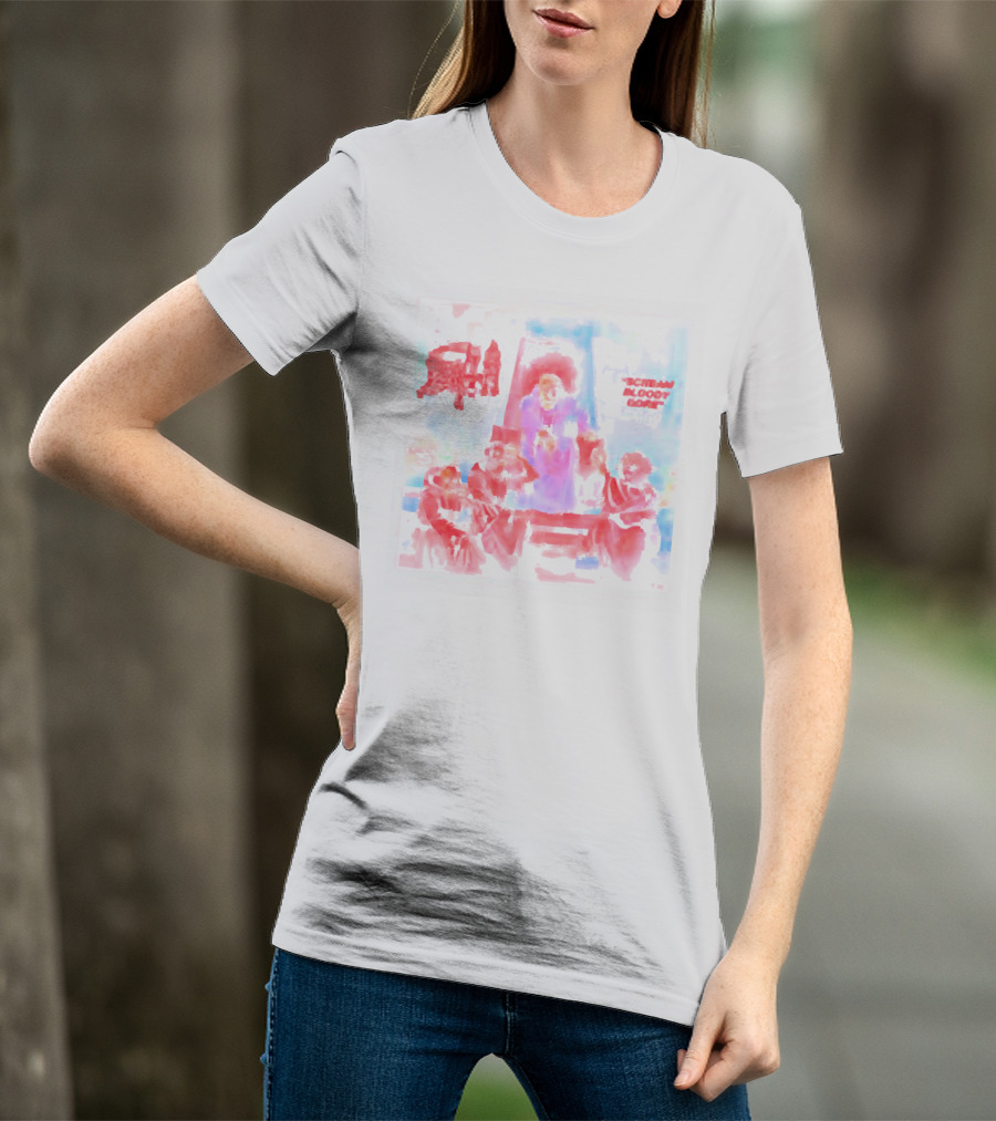Death Scream Bloody Gore Album Art Scene Featuring Red Ruling Figure And Gathered Figures T-Shirt