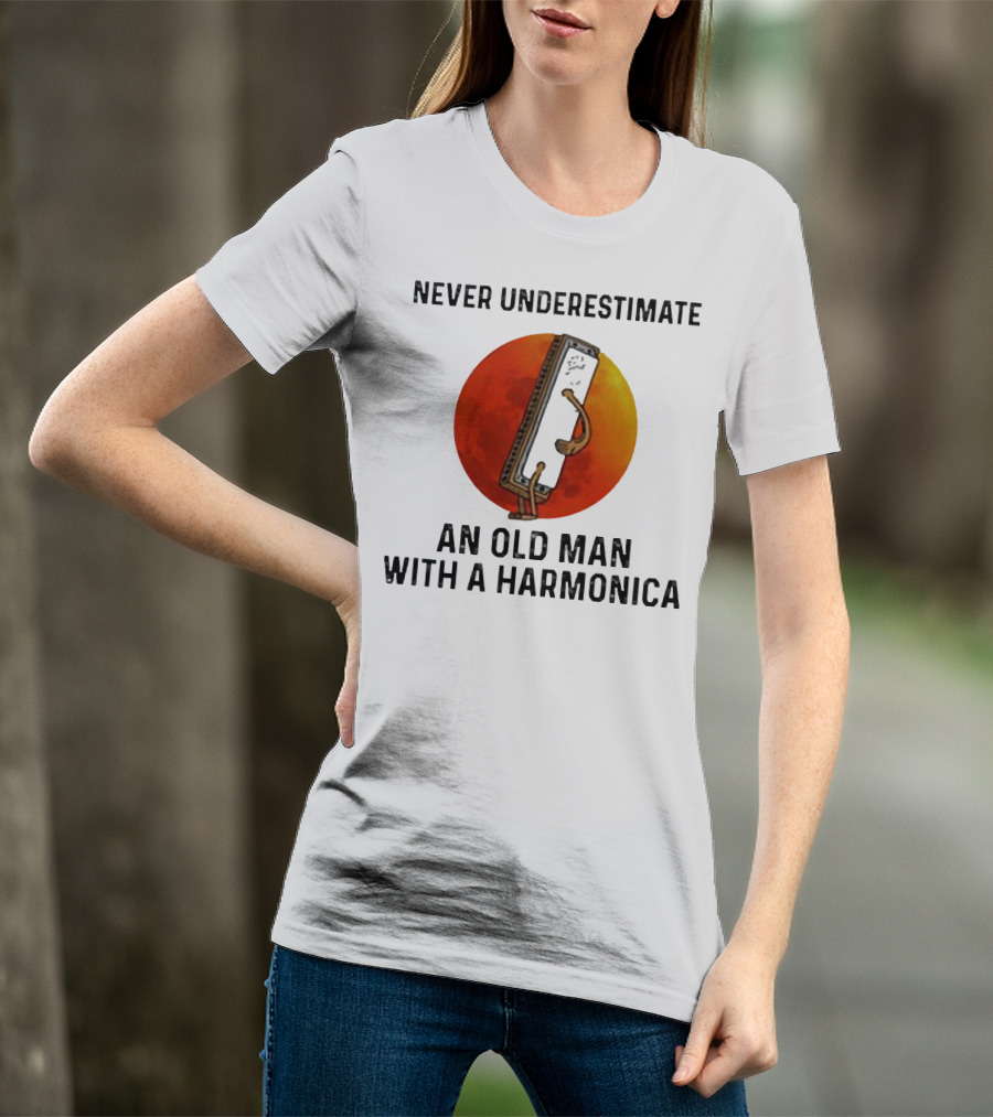 Never Underestimate An Old Man With A Harmonica Sunset Background T-Shirt