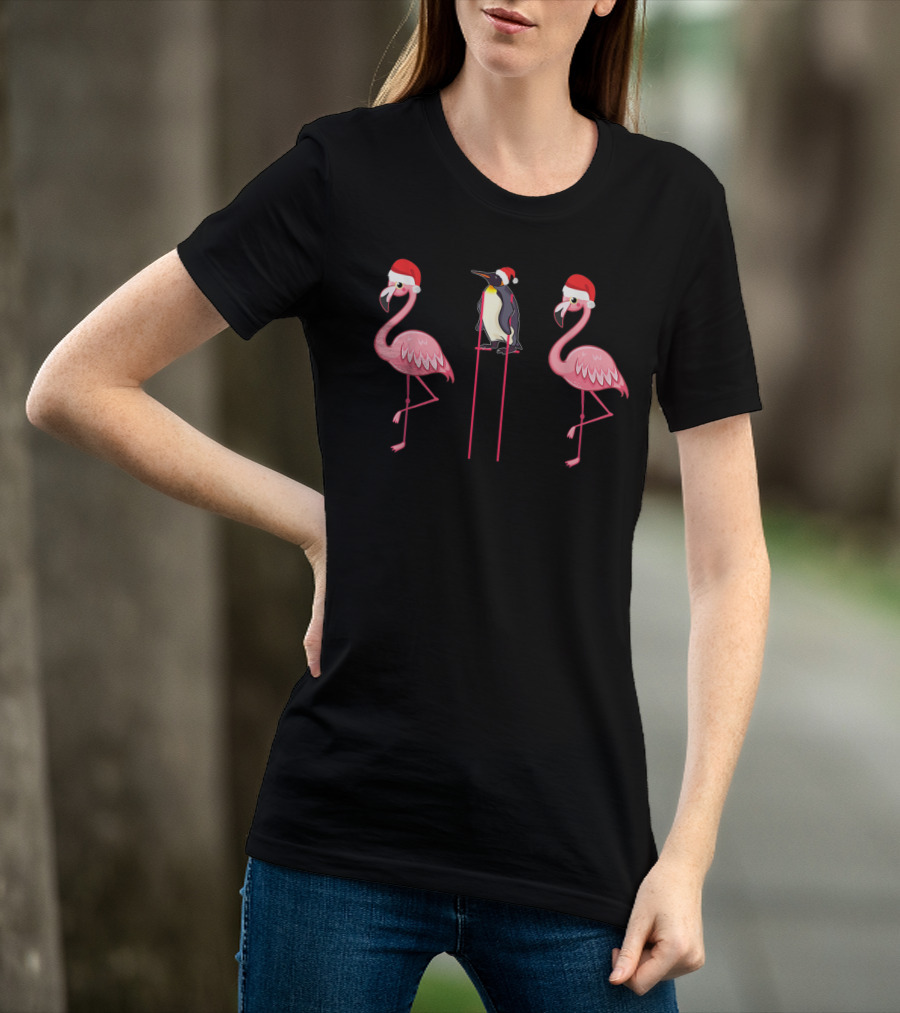 Flamingoes And Penguin With Santa Hats T-Shirt