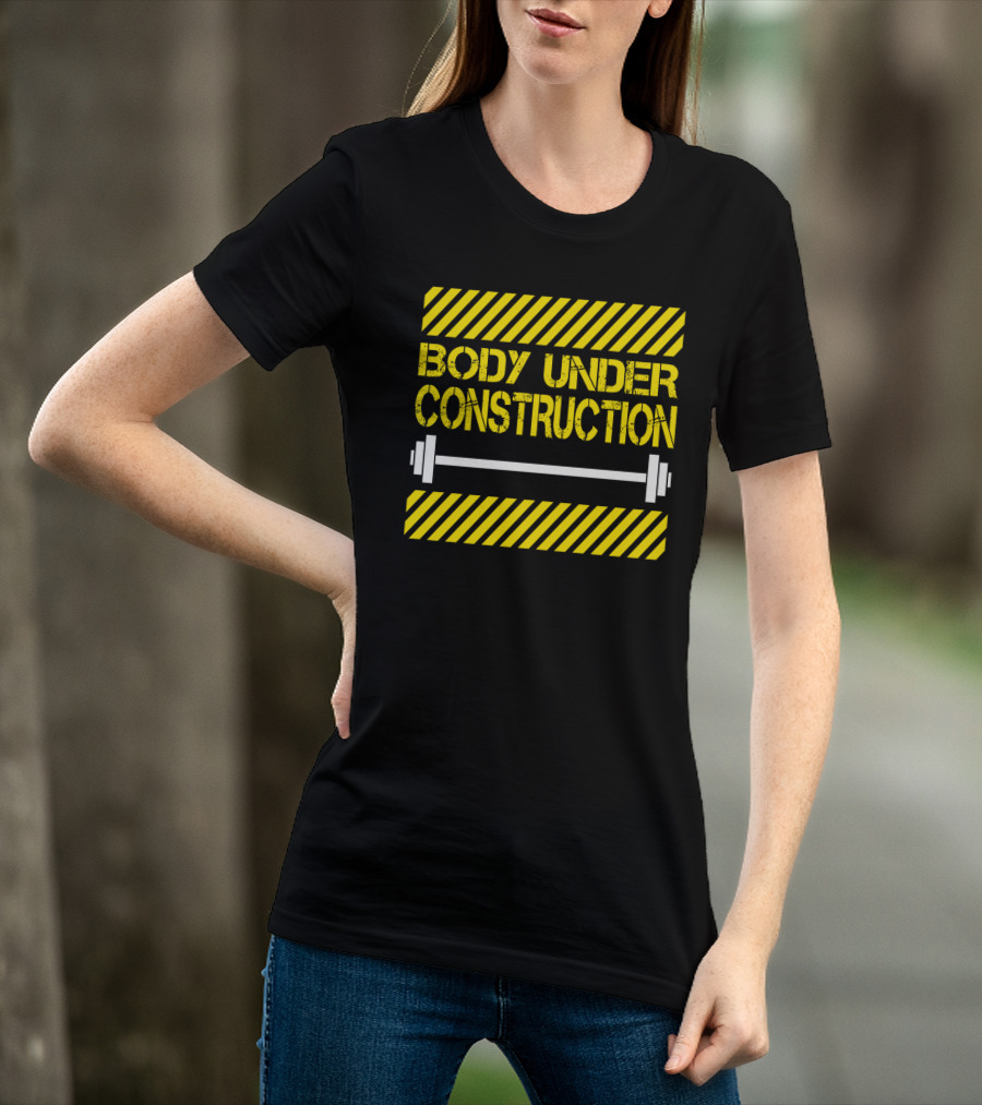 Body Under Construction Yellow Stripes Weightlifting Barbell T-Shirt