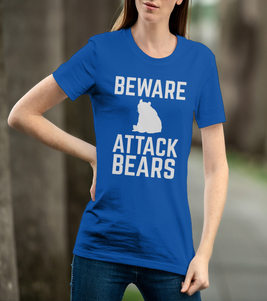 BEWARE ATTACK BEARS Silhouette Blue Background T-Shirt