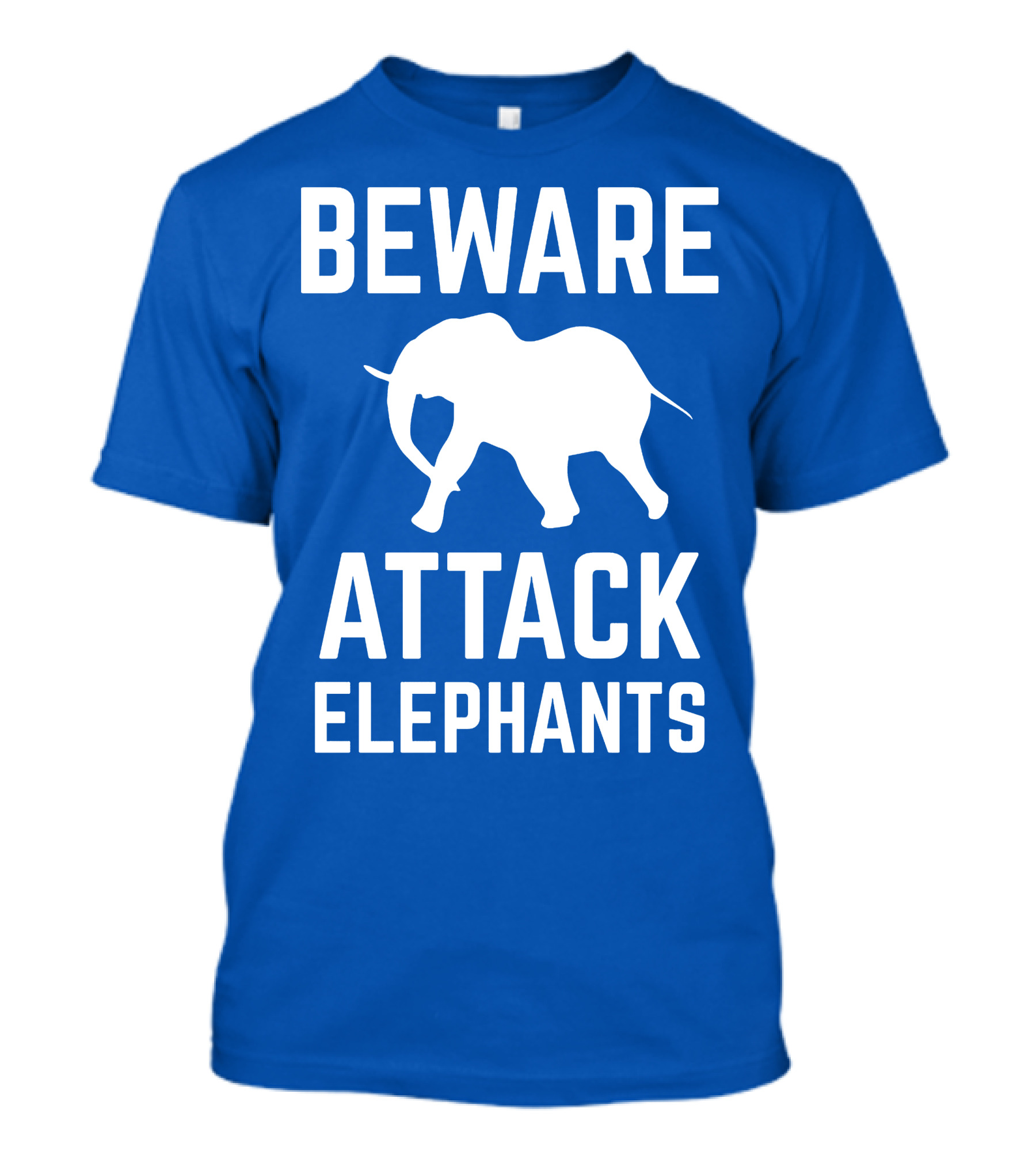 BEWARE ATTACK ELEPHANTS Blue Background White Elephant T-Shirt