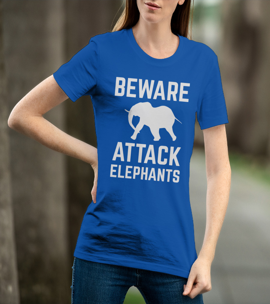 BEWARE ATTACK ELEPHANTS Blue Background White Elephant T-Shirt