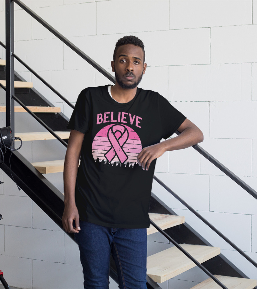 Believe Pink Ribbon Sunset Breast Cancer Awareness T-Shirt