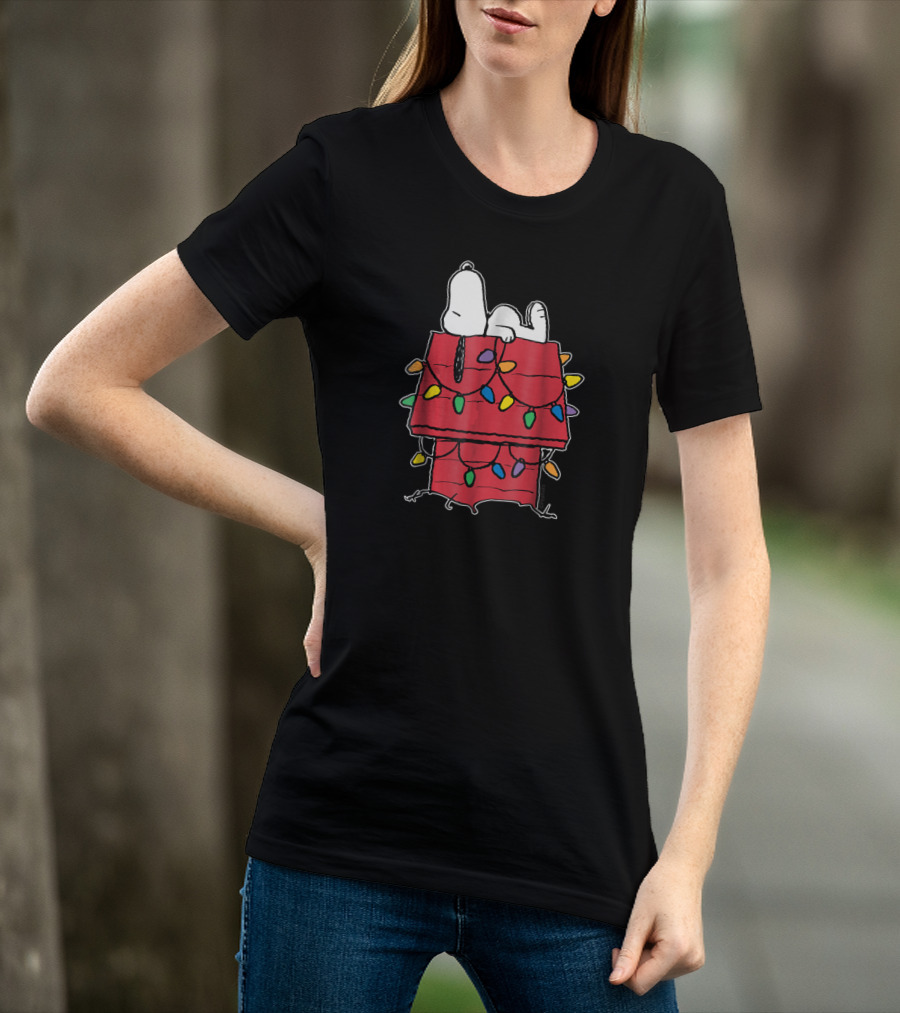 Snoopy Sleeping On Doghouse With Christmas Lights Peanuts Holiday Novelty T-Shirt