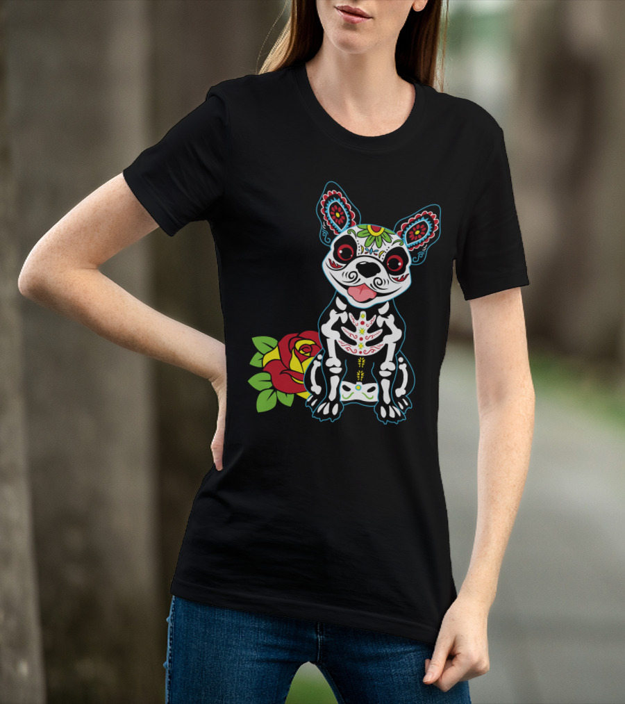 Boston Terrier Sugar Skull With Red Rose Day Of The Dead T-Shirt