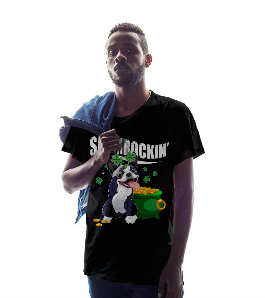 Shamrockin' Boston Terrier With Pot Of Gold And Clovers T-Shirt