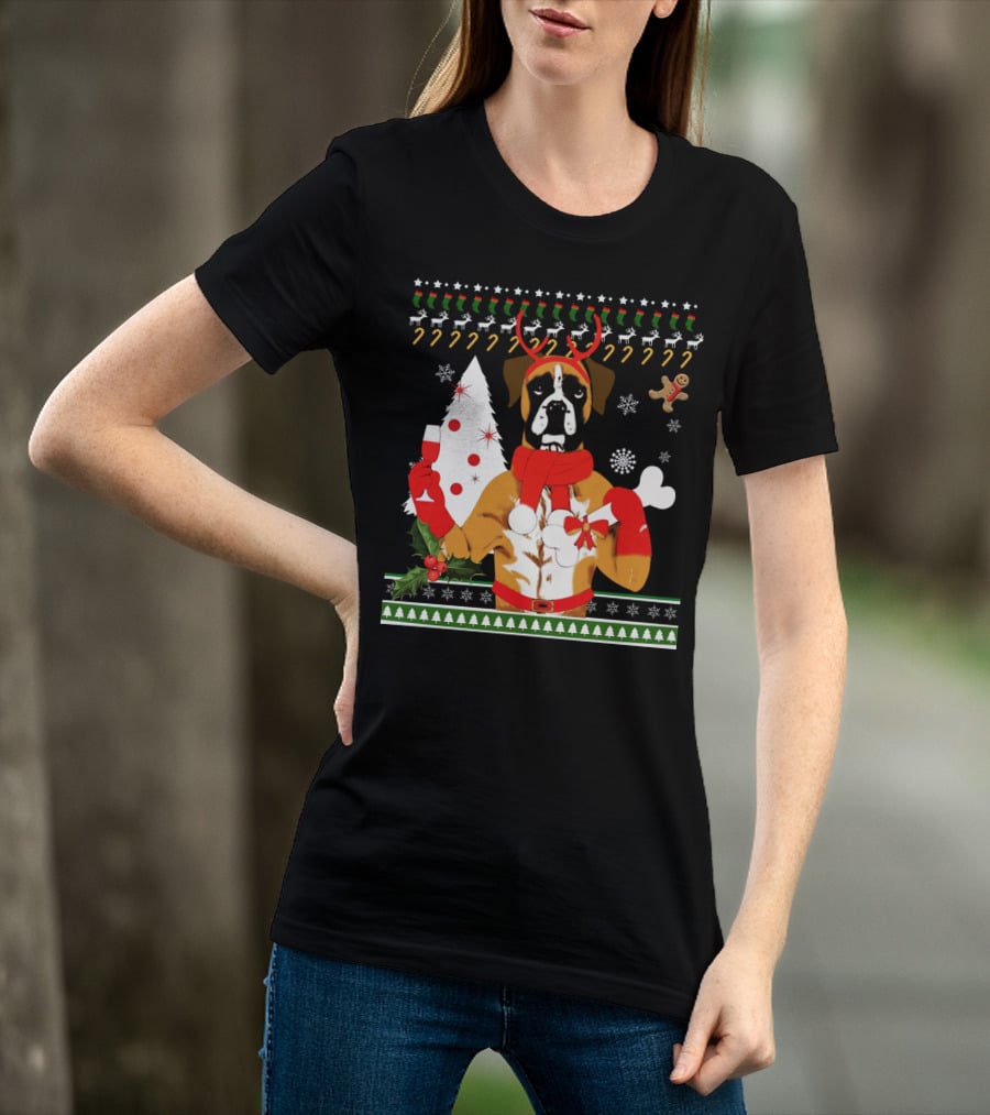 Boxer Dog Christmas Ugly Sweater Style With Reindeer Antlers And Festive Decorations T-Shirt