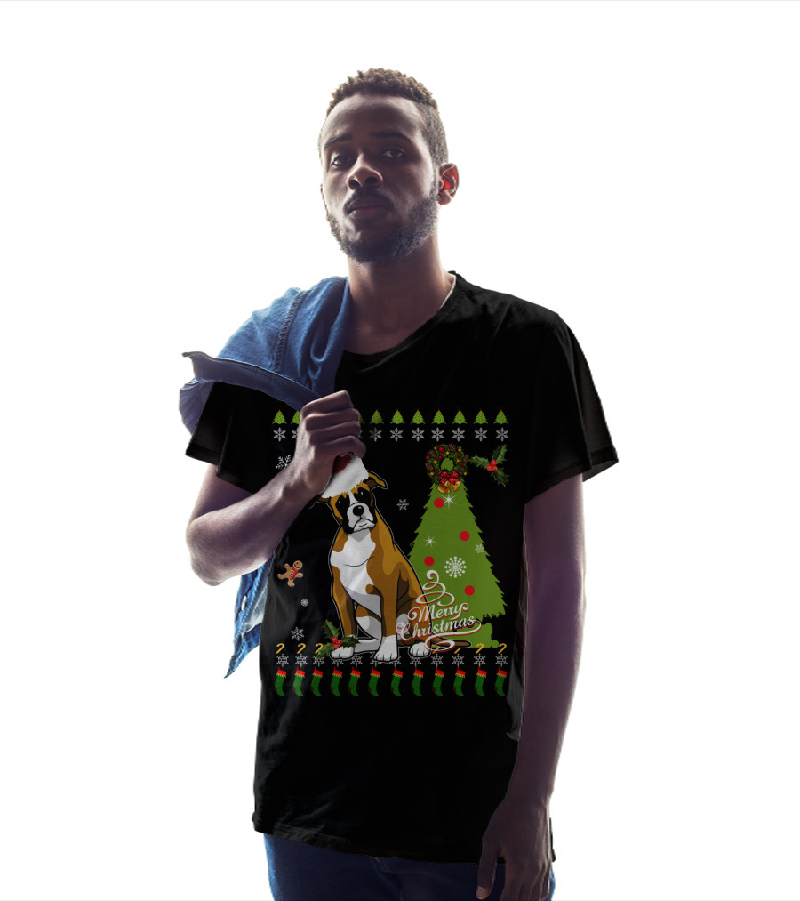 Merry Christmas Boxer Santa Hat Gingerbread Man Christmas Tree Snowflakes T-Shirt