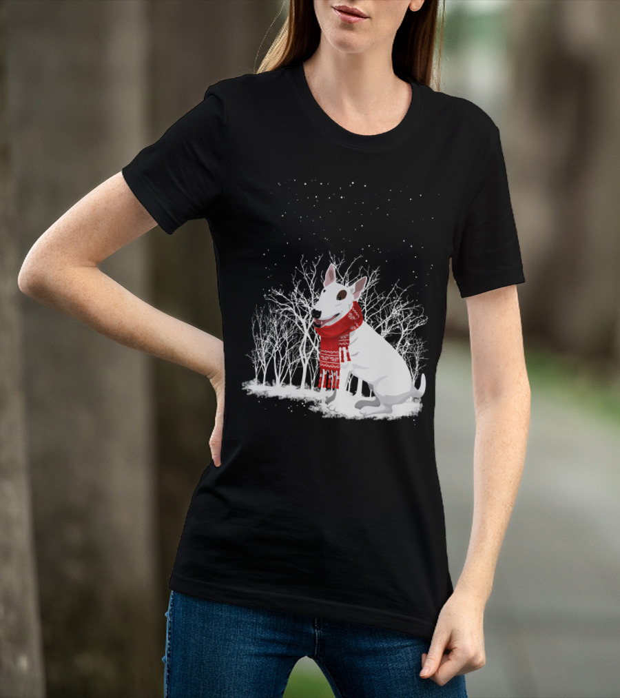Winter Bullterrier Red Scarf Snowy Forest T-Shirt