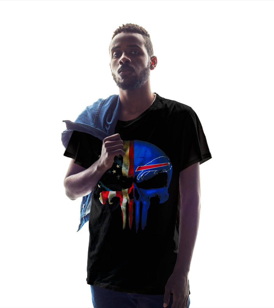 Skull Buffalo Bills American Flag Punisher NFL Logo Stars Stripes T-Shirt