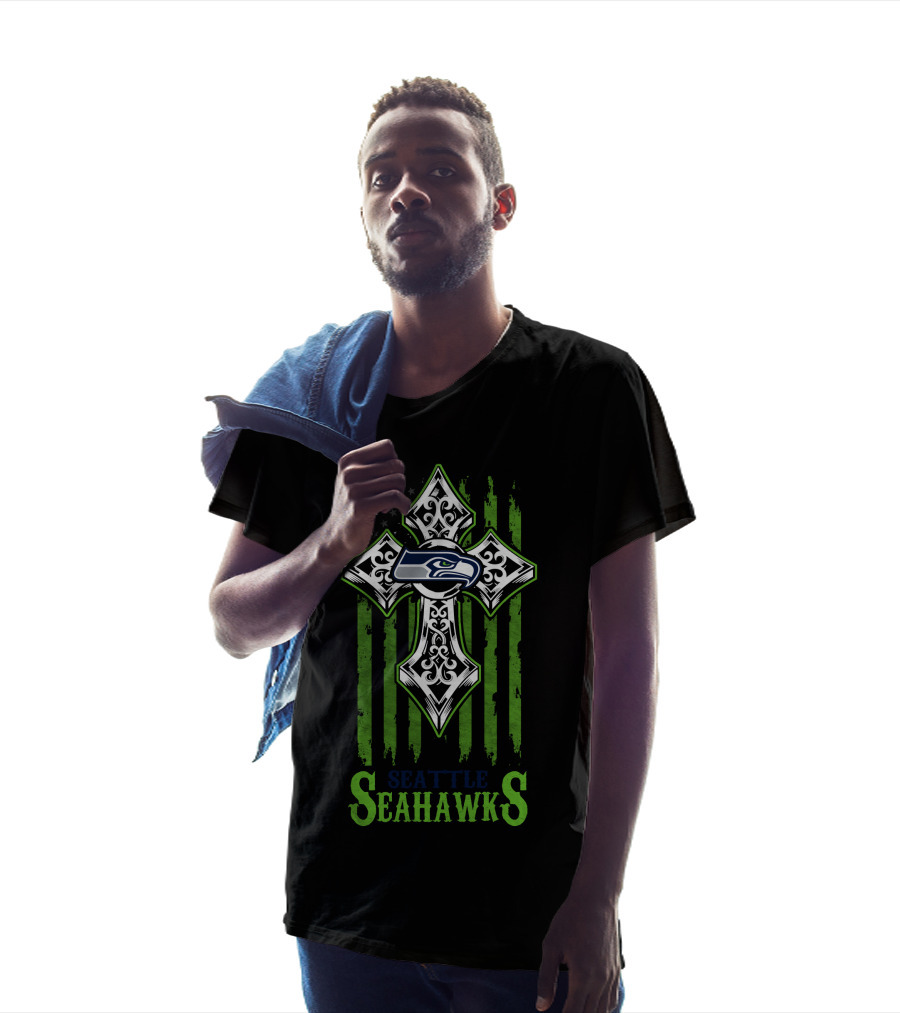 Seattle Seahawks Cross With American Flag Elements T-Shirt