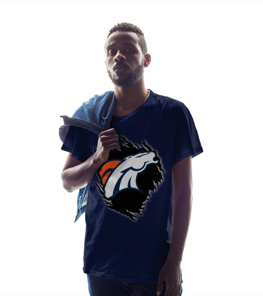 Denver Broncos Ripped Torn Logo Peeling Illusion Dark Blue T-Shirt