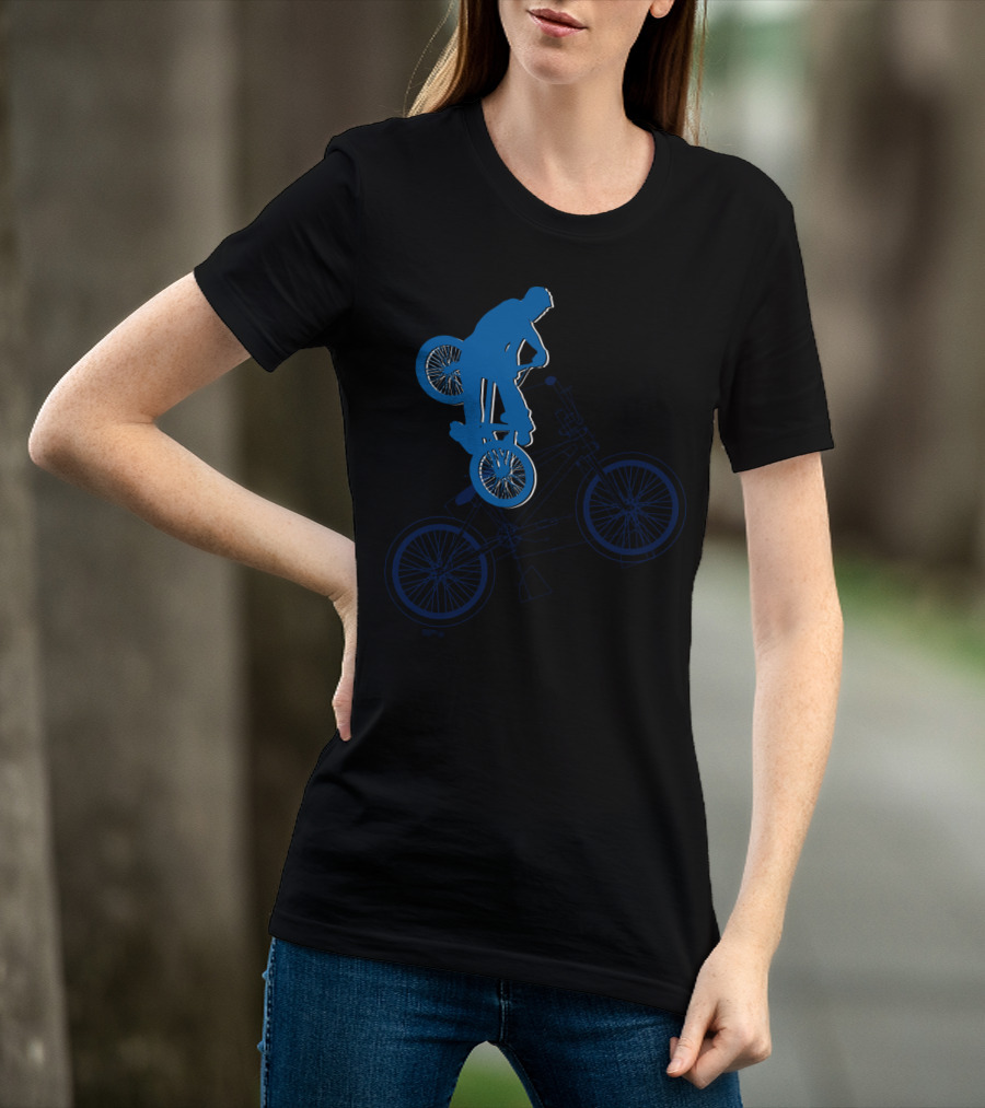 BMX Rider Blue Silhouette With Detailed Bike Blueprint T-Shirt