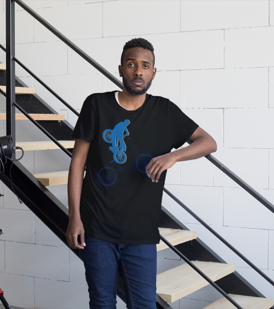 BMX Rider Blue Silhouette With Detailed Bike Blueprint T-Shirt