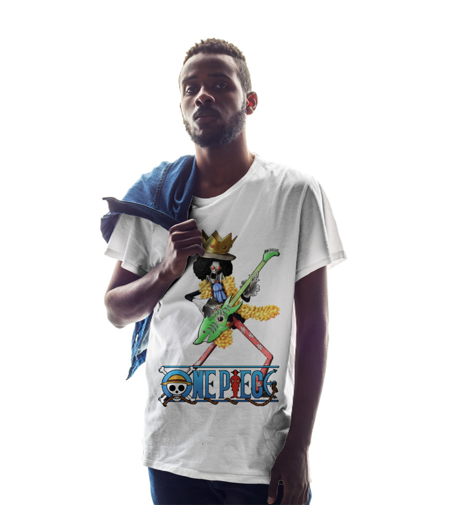 One Piece Brook Playing Guitar With Crown And Yellow Feather Boa T-Shirt