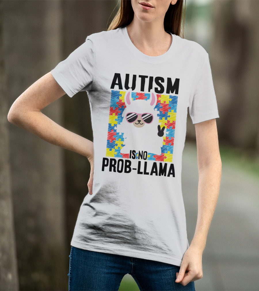 Autism Is No Prob-Llama Puzzle Pattern Sunglasses Peace Sign T-Shirt