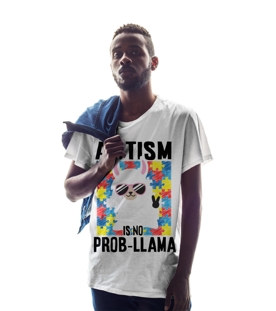 Autism Is No Prob-Llama Puzzle Pattern Sunglasses Peace Sign T-Shirt