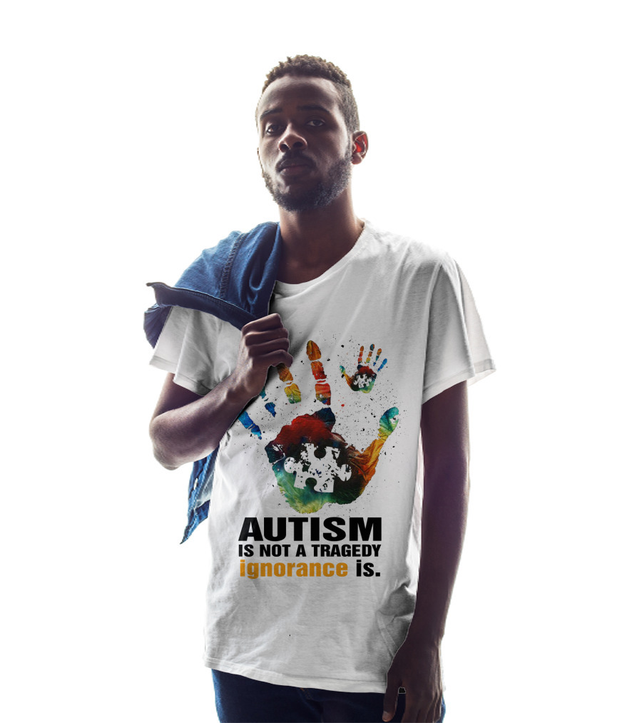Autism Is Not A Tragedy Ignorance Is Colorful Handprint Puzzle Piece T-Shirt