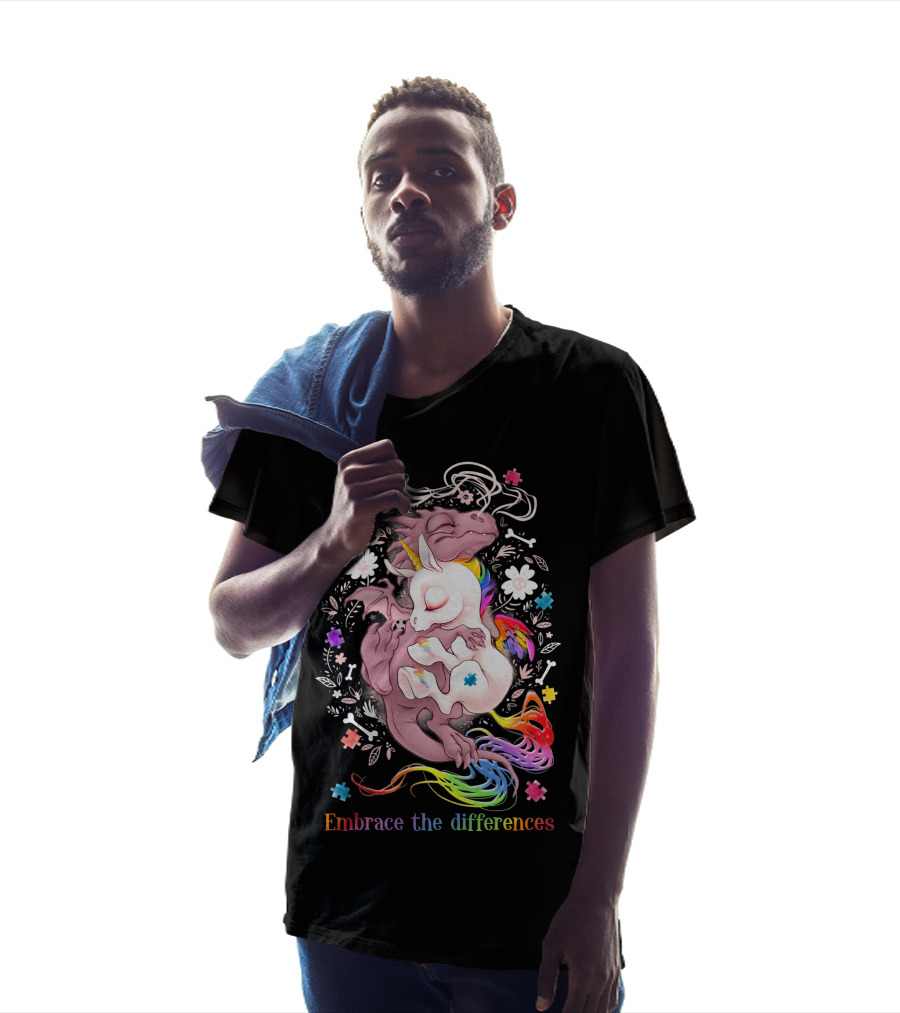 Embrace The Differences Unicorn And Dragon Rainbow Puzzle Flowers T-Shirt