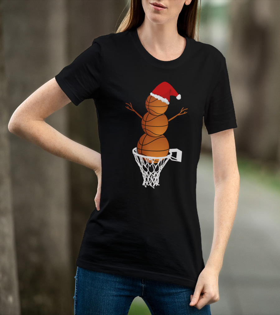 Basketball Snowman With Santa Hat In Hoop T-Shirt