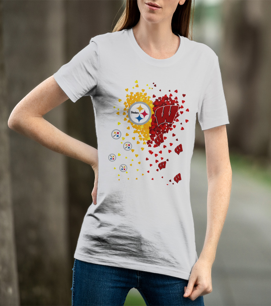 Steelers Logo And University Of Wisconsin Badgers Heart Design Featuring Yellow And Red Hearts T-Shirt