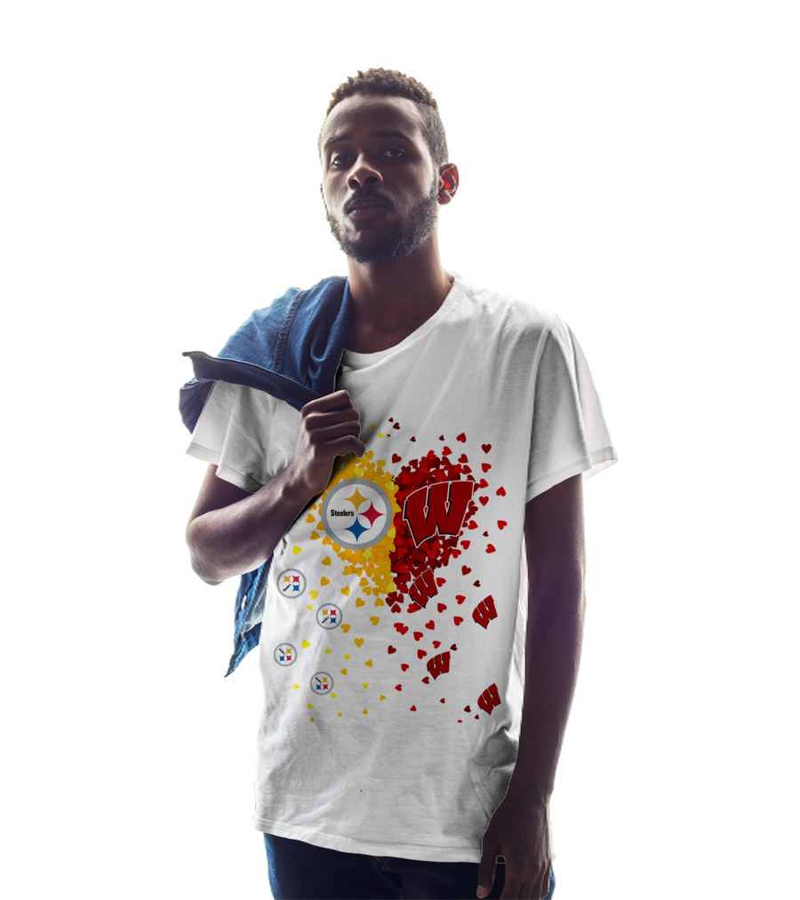 Steelers Logo And University Of Wisconsin Badgers Heart Design Featuring Yellow And Red Hearts T-Shirt