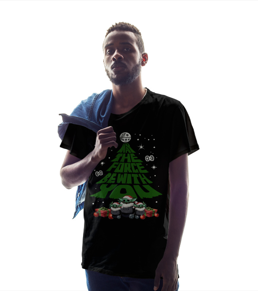 May The Force Be With You Christmas Tree Baby Yoda Ornaments Stars And X-Wing T-Shirt
