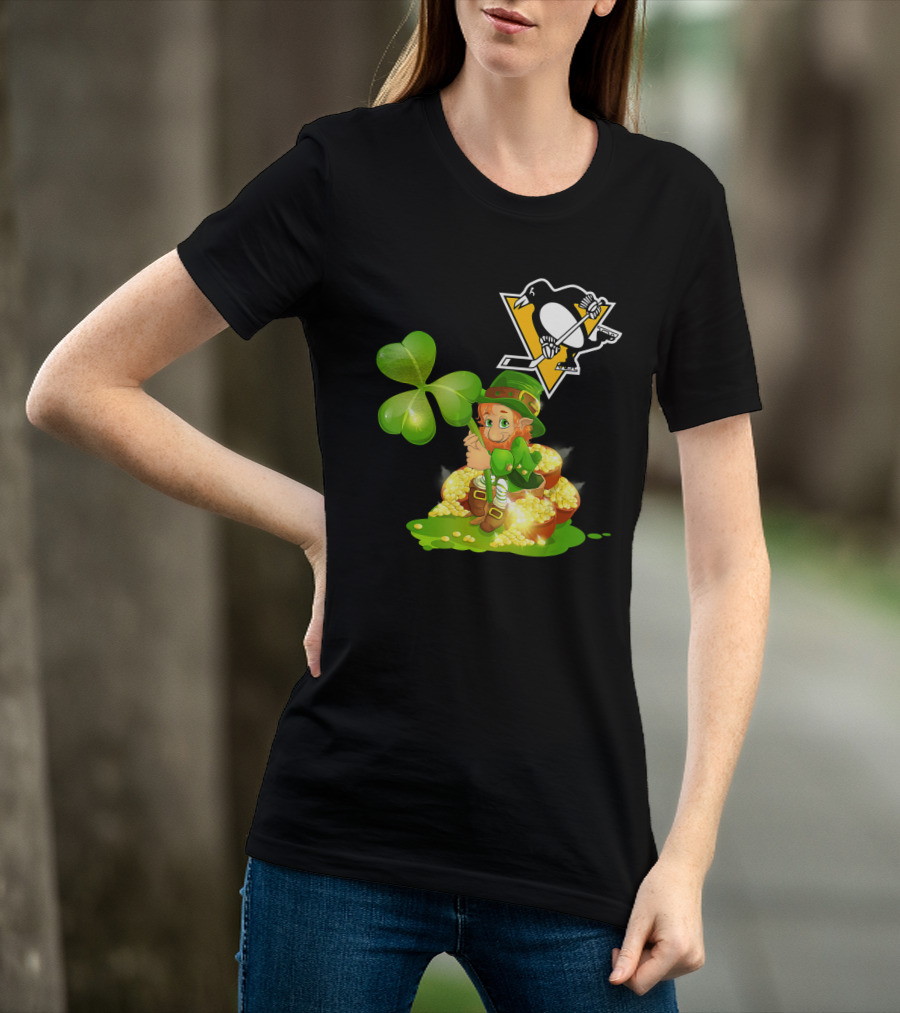 Pittsburgh Penguins St. Patrick's Day Lucky Leprechaun Hockey Shamrock Gold T-Shirt