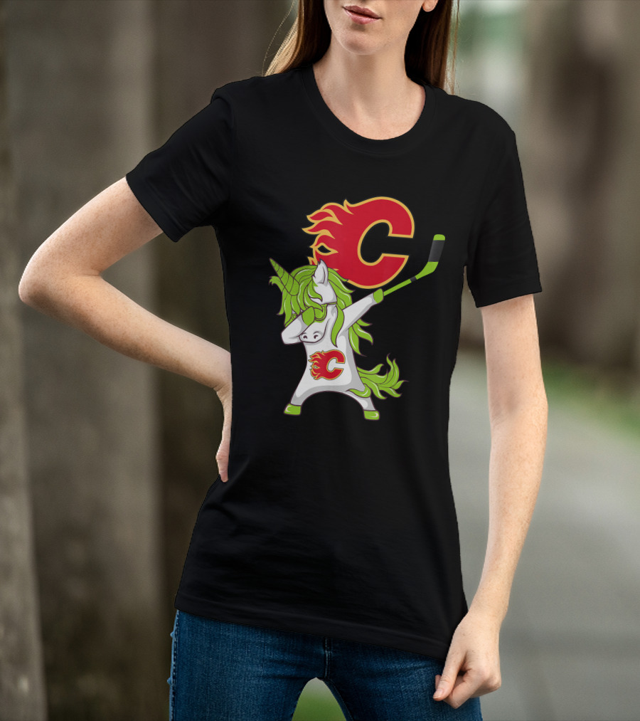 St Patrick Day Dabbing Unicorn Calgary Flames Hockey Stick T-Shirt