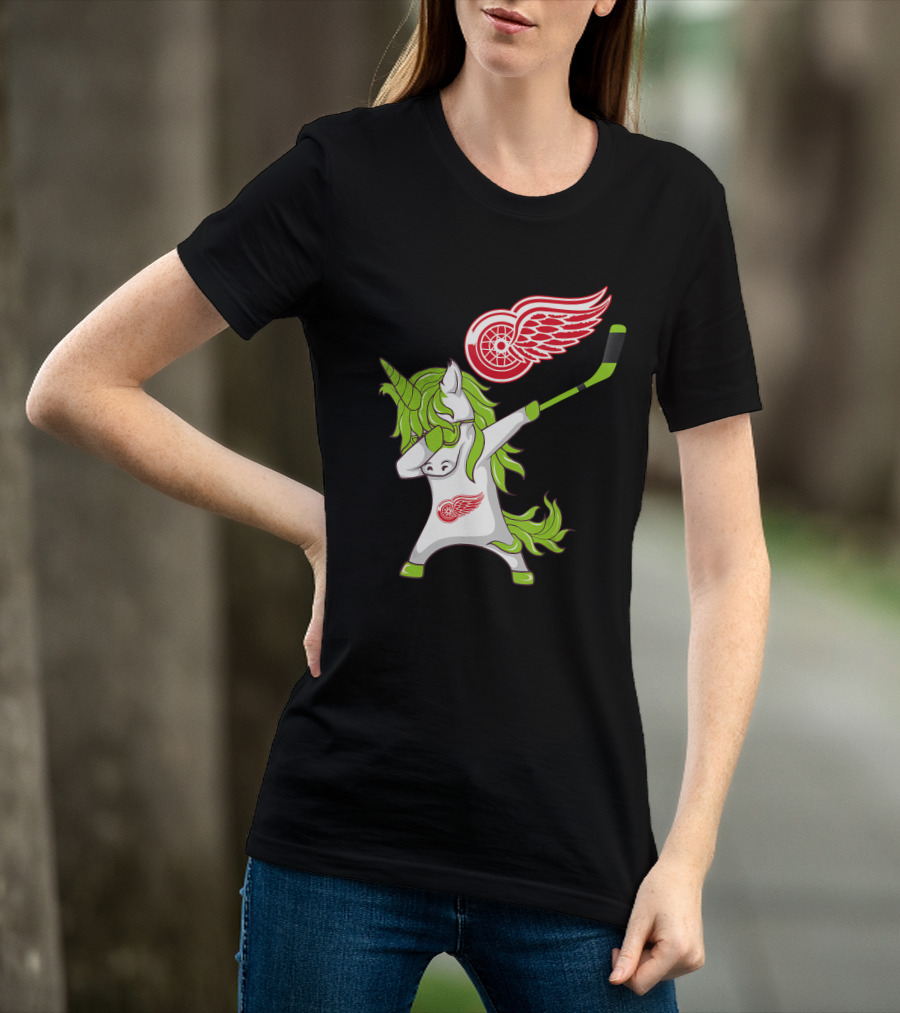 Detroit Red Wings St Patrick's Day Dabbing Unicorn Hockey Stick T-Shirt