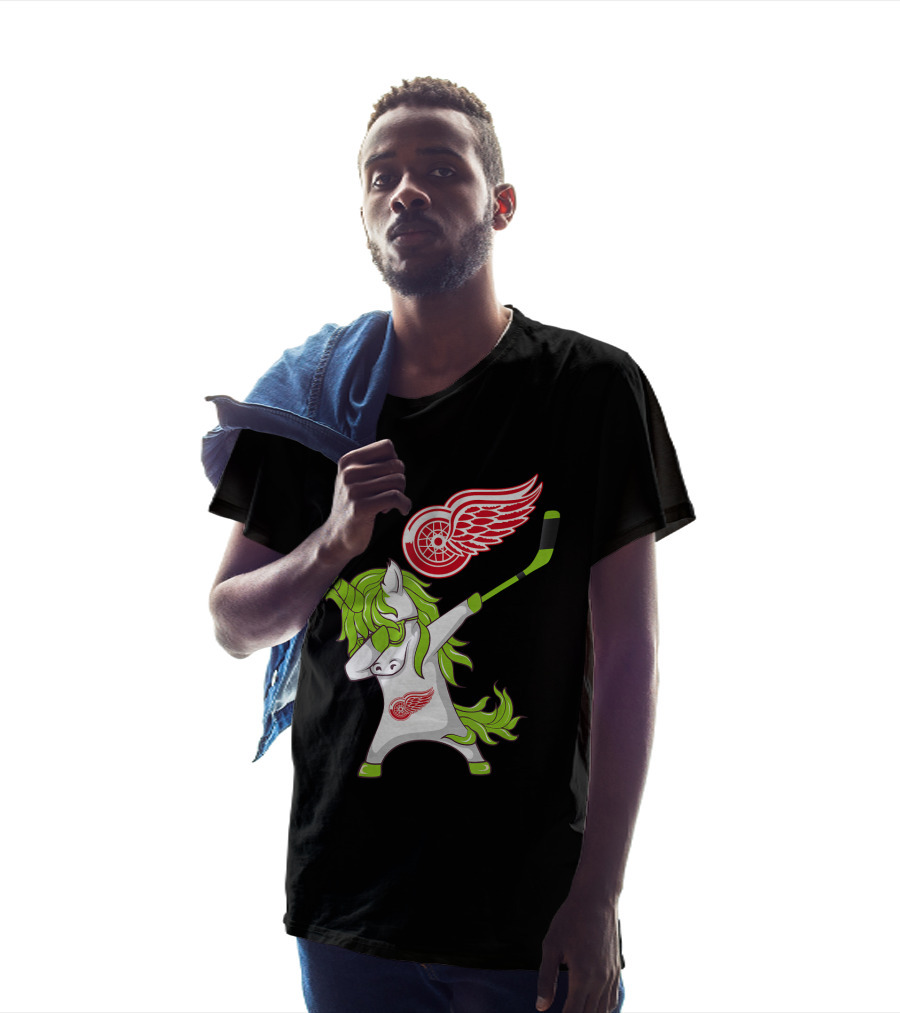 Detroit Red Wings St Patrick's Day Dabbing Unicorn Hockey Stick T-Shirt