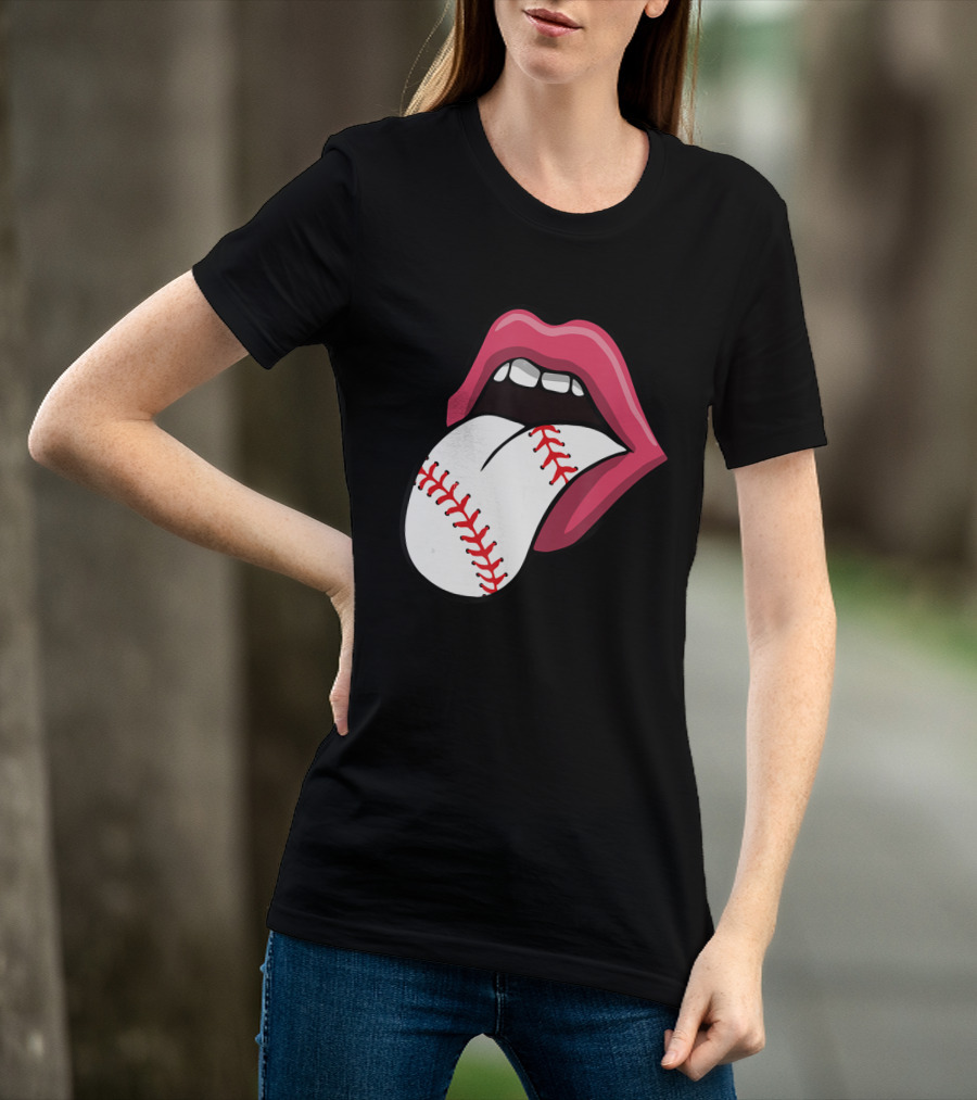 Baseball Red Lips Tongue Stitch T-Shirt