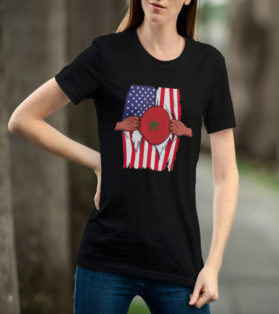Morocco Flag Inside American Flag Home Pride Moroccan T-Shirt
