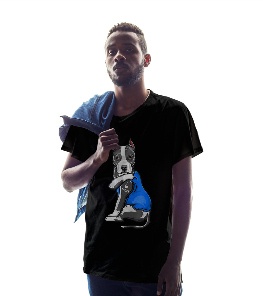 Pit Bull Dog I Love Mom Tattoo Blue T-Shirt