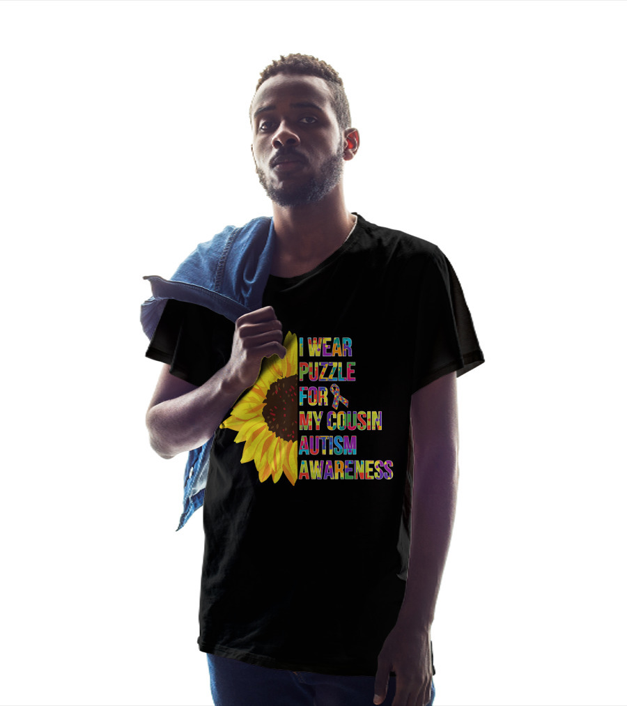 I Wear Puzzle For My Cousin Autism Awareness Sunflower T-Shirt