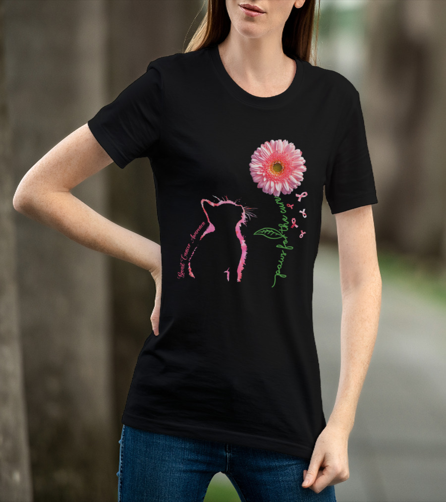 Paws For The Cure Breast Cancer Awareness Cat Pink Flower T-Shirt
