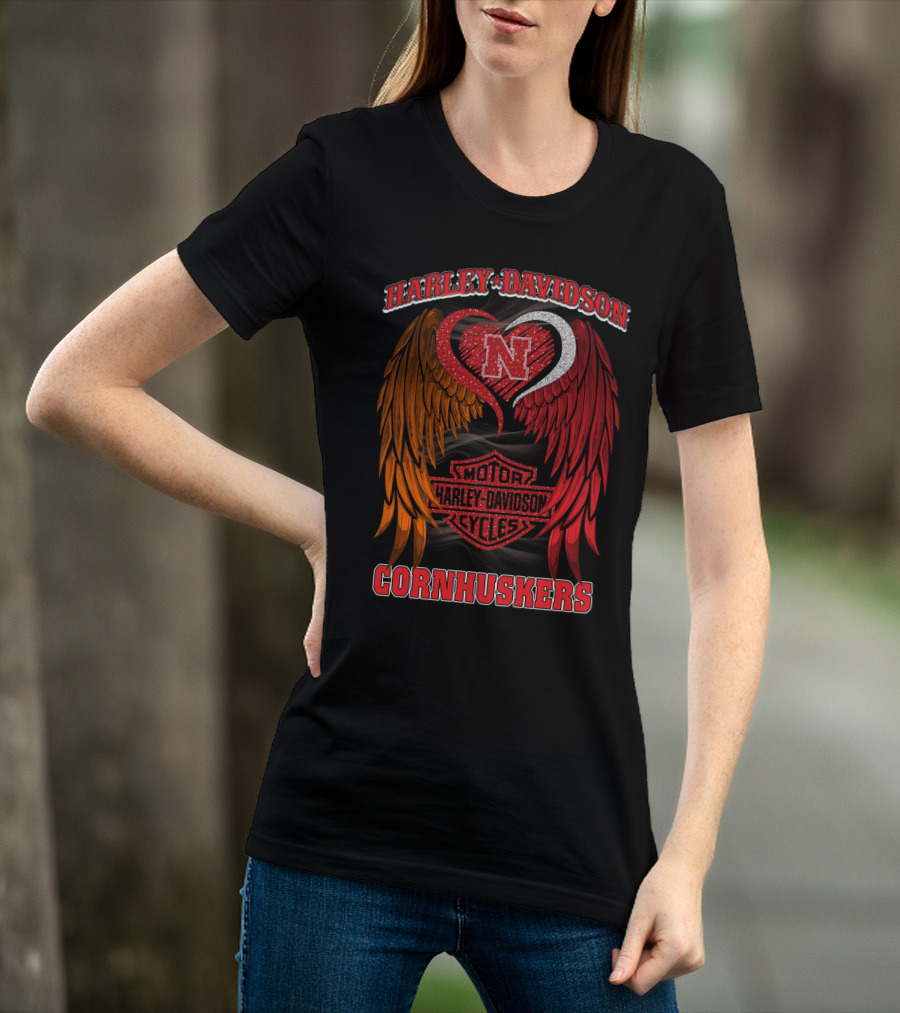 Harley Davidson Heart Wings Nebraska Cornhuskers Motorcycles T-Shirt