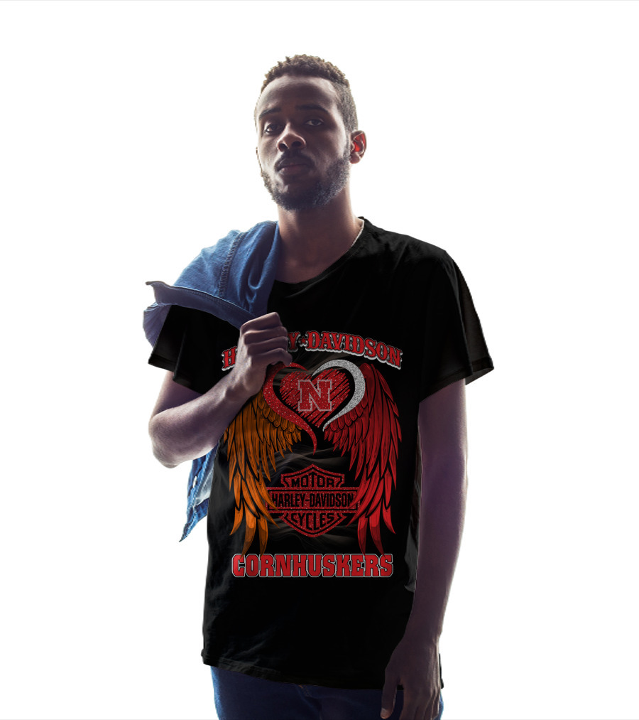 Harley Davidson Heart Wings Nebraska Cornhuskers Motorcycles T-Shirt