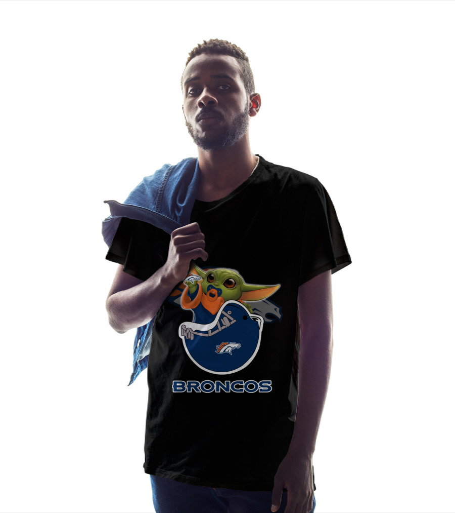 Broncos Baby Yoda Holding Football Toy With Denver Broncos T-Shirt