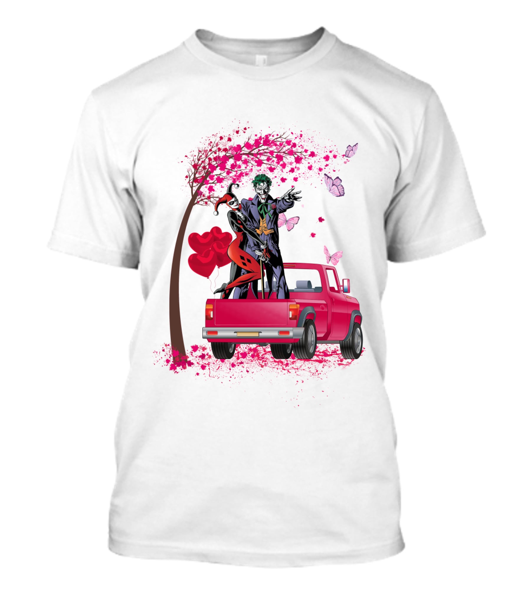 Harley Quinn And Joker Standing On Red Truck With Hearts And Butterflies T-Shirt