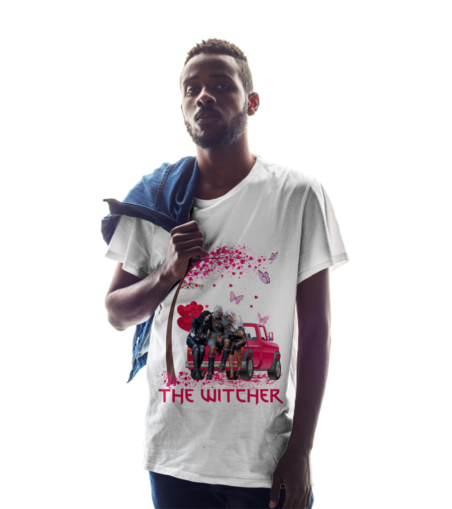 The Witcher Geralt Yennefer Ciri Pink Truck Hearts Butterflies Tree T-Shirt