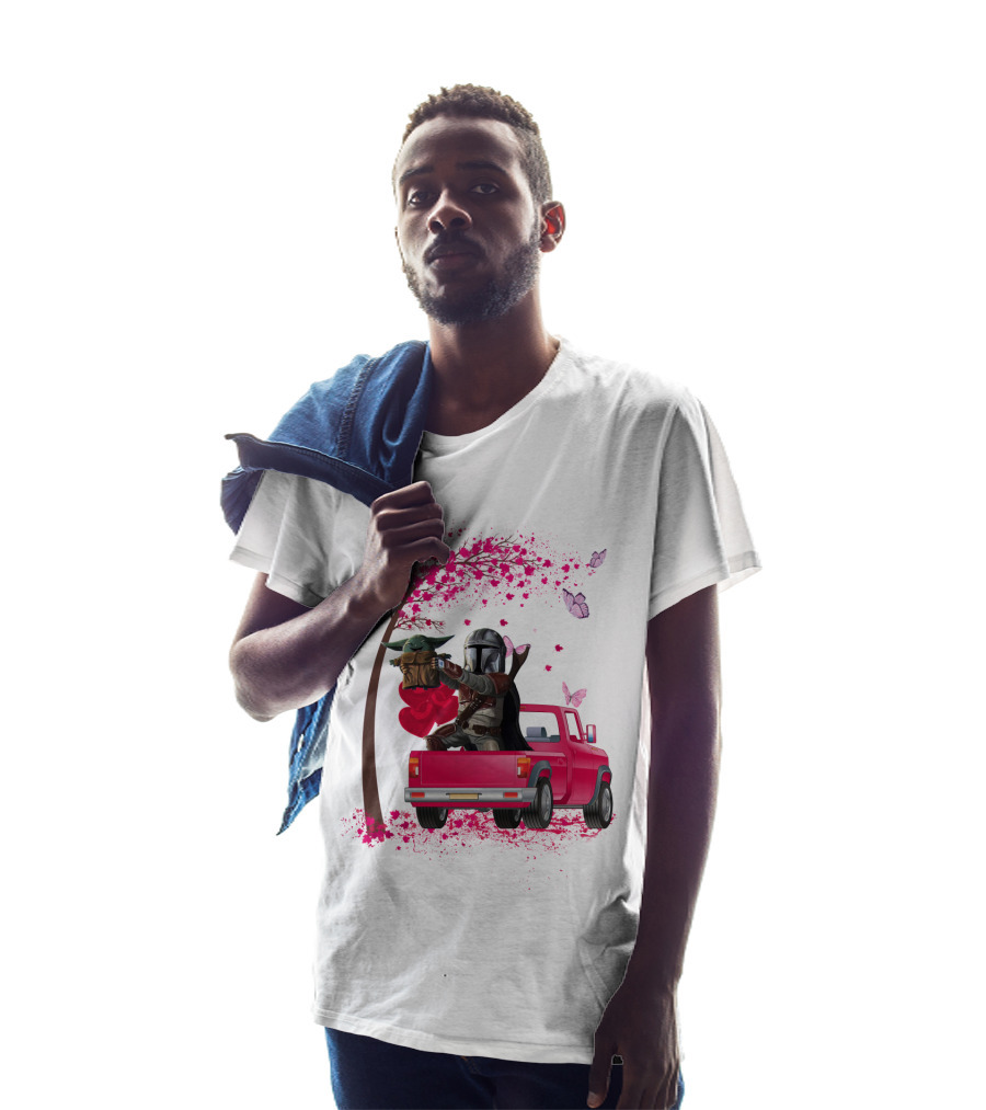 The Mandalorian With Yoda In Pink Truck Valentine Theme T-Shirt