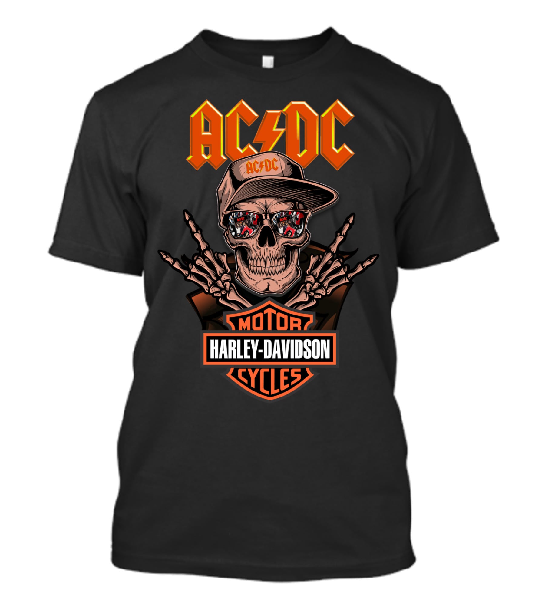 Acdc Harley Davidson Skull With Motorcycles Reflection And Lightning T-Shirt
